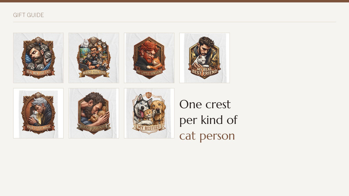 All seven Silk Crowns pet crests laid out in a grid beside the line one crest per kind of cat person.