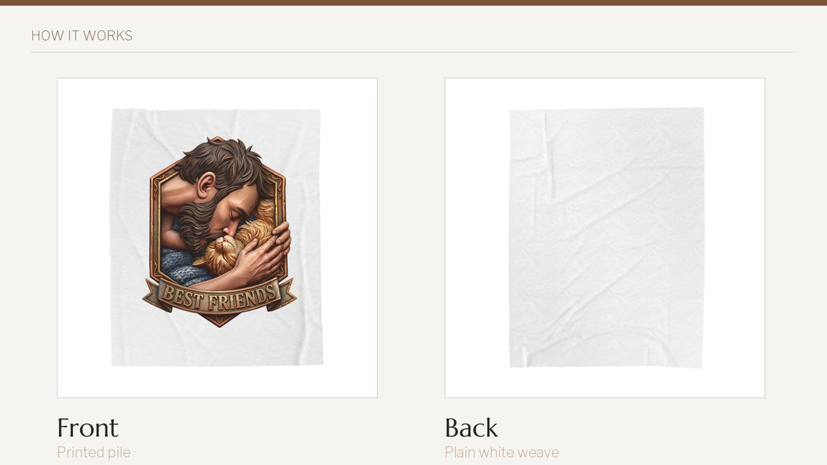 The Best Friends throw shown twice side by side: the printed pile front, and the plain white woven back.
