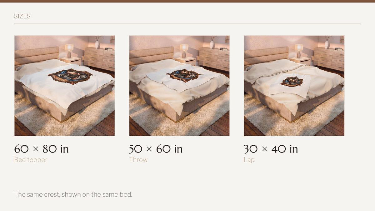 Print-partner mockups of the same crest blanket on one bed at three sizes, labelled 60 by 80 inches bed topper, 50 by 60 inches throw, and 30 by 40 inches lap.