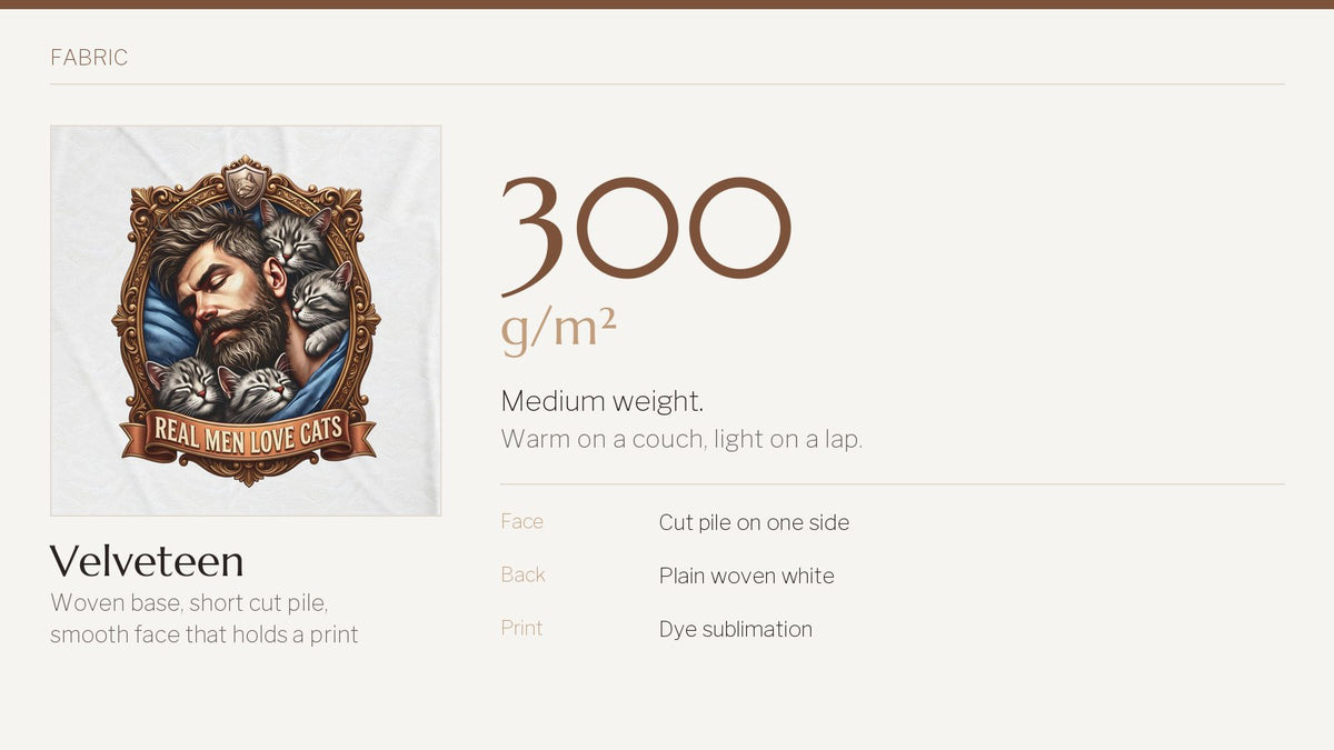 A close-up of a Silk Crowns crest printed on white velveteen beside the figure 300 g per square meter, with the fabric facts listed: cut pile on one side, plain woven white back, dye sublimation print.