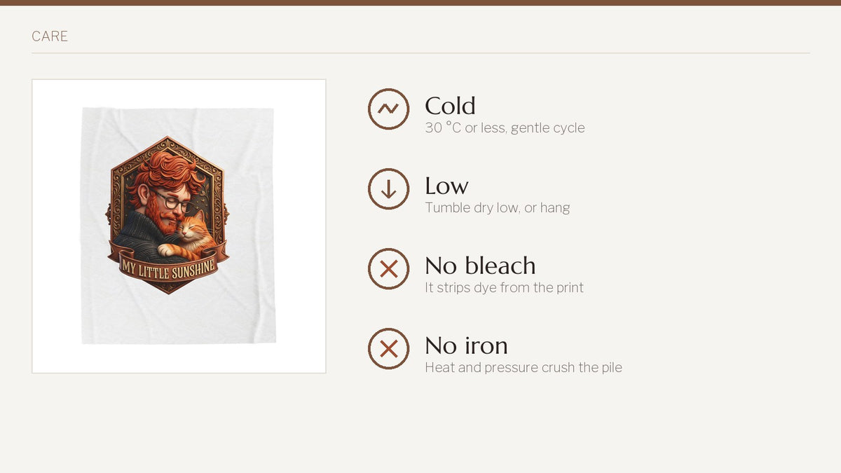 A printed velveteen throw next to four care rules drawn as circular icons: wash cold, tumble dry low, no bleach, no iron.