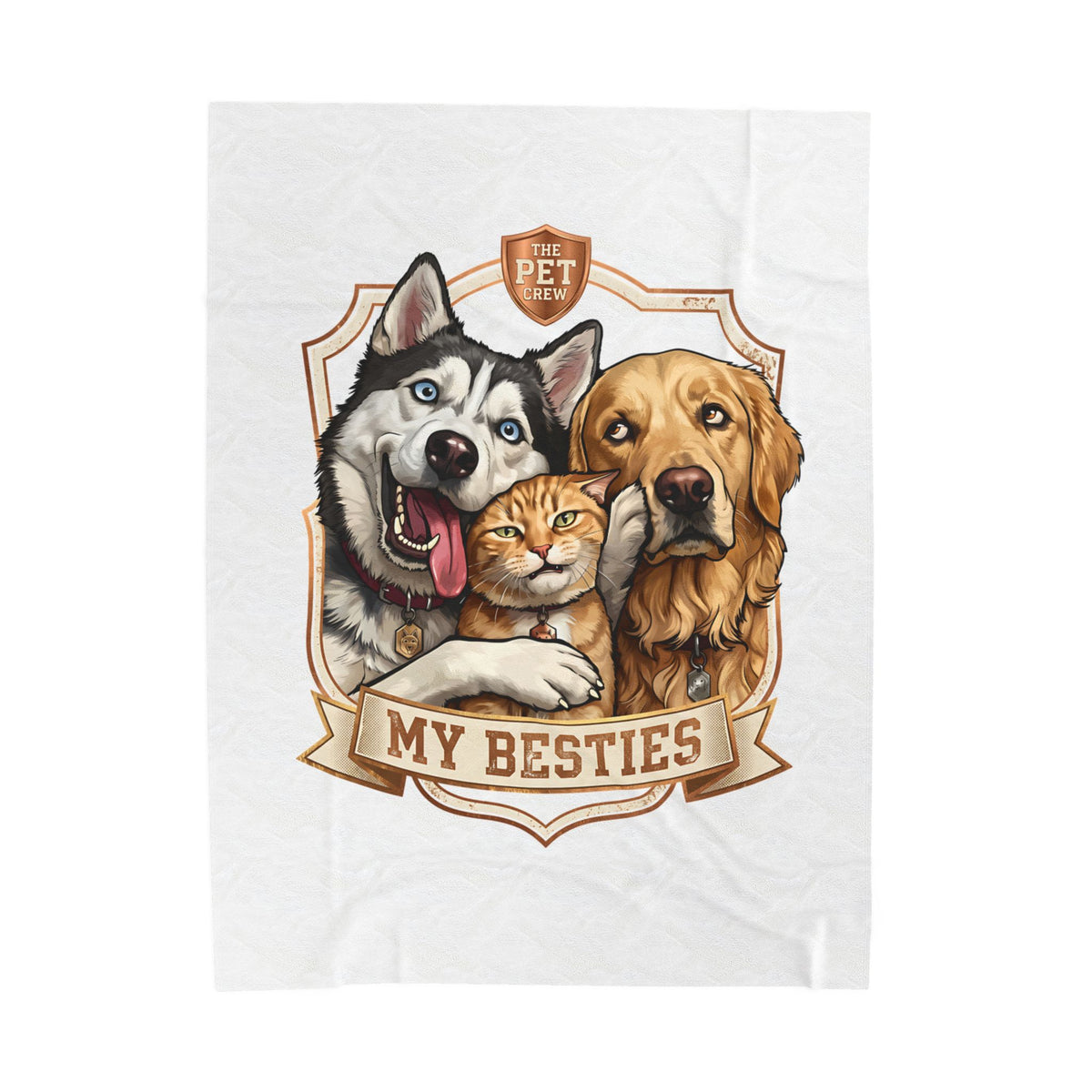 My Besties velveteen plush throw, 60 by 80 inches, laid flat with the crest centered.