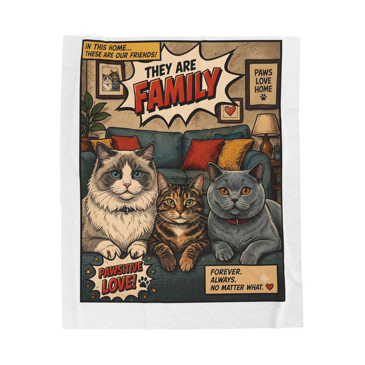 They Are Family velveteen plush throw, 50 by 60 inches, laid flat with the comic panel centered.