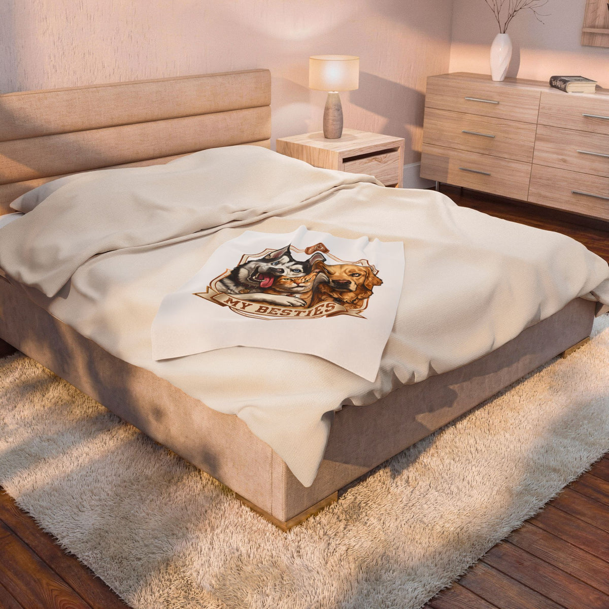My Besties velveteen plush throw, 30 by 40 inches, folded at the foot of a bed.