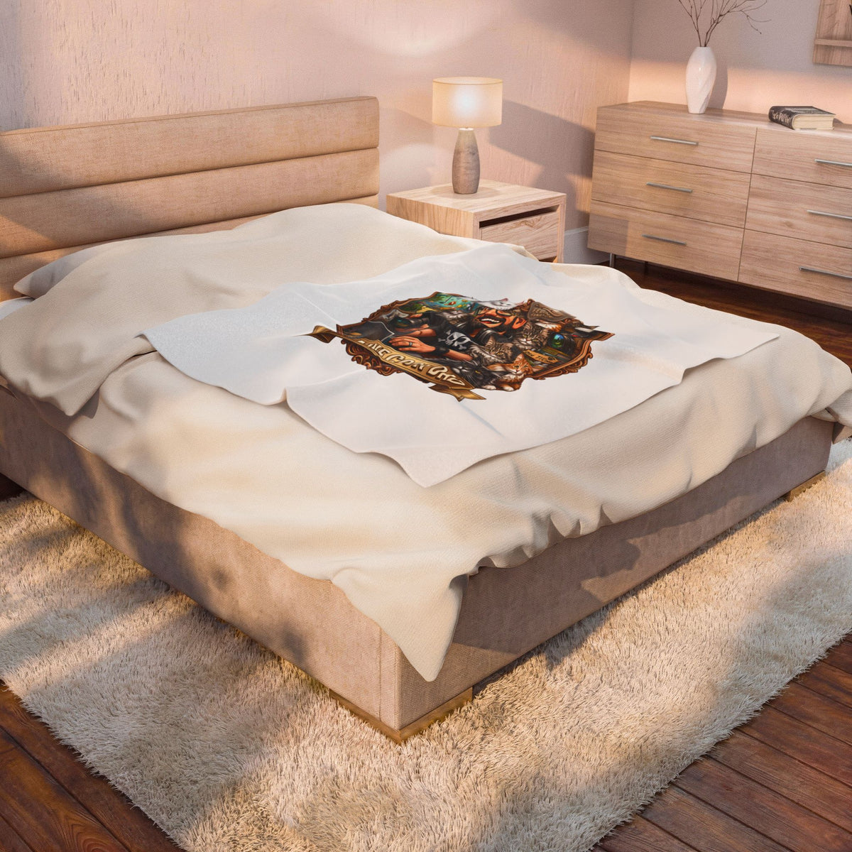 Maine Coon Dad velveteen plush throw, 50 by 60 inches, spread across the foot of a bed.