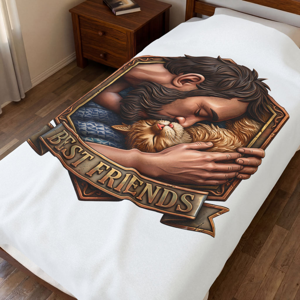 Best Friends velveteen plush throw, 60 by 80 inches, covering a made bed.
