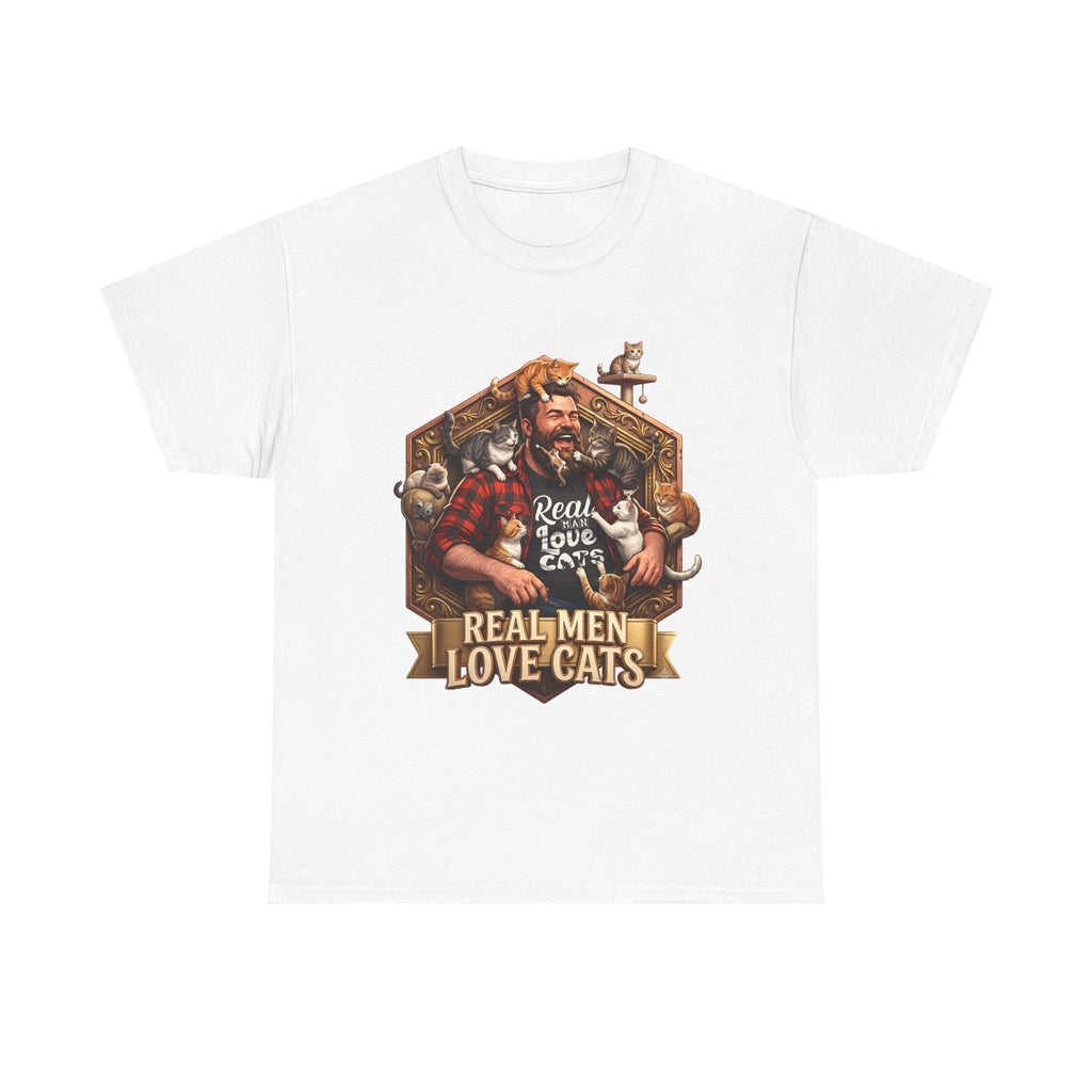 Real Men Love Cats graphic tee in white, front view with the crest printed across the chest.
