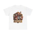 Real Men Love Cats graphic tee in white, front view with the crest printed across the chest.