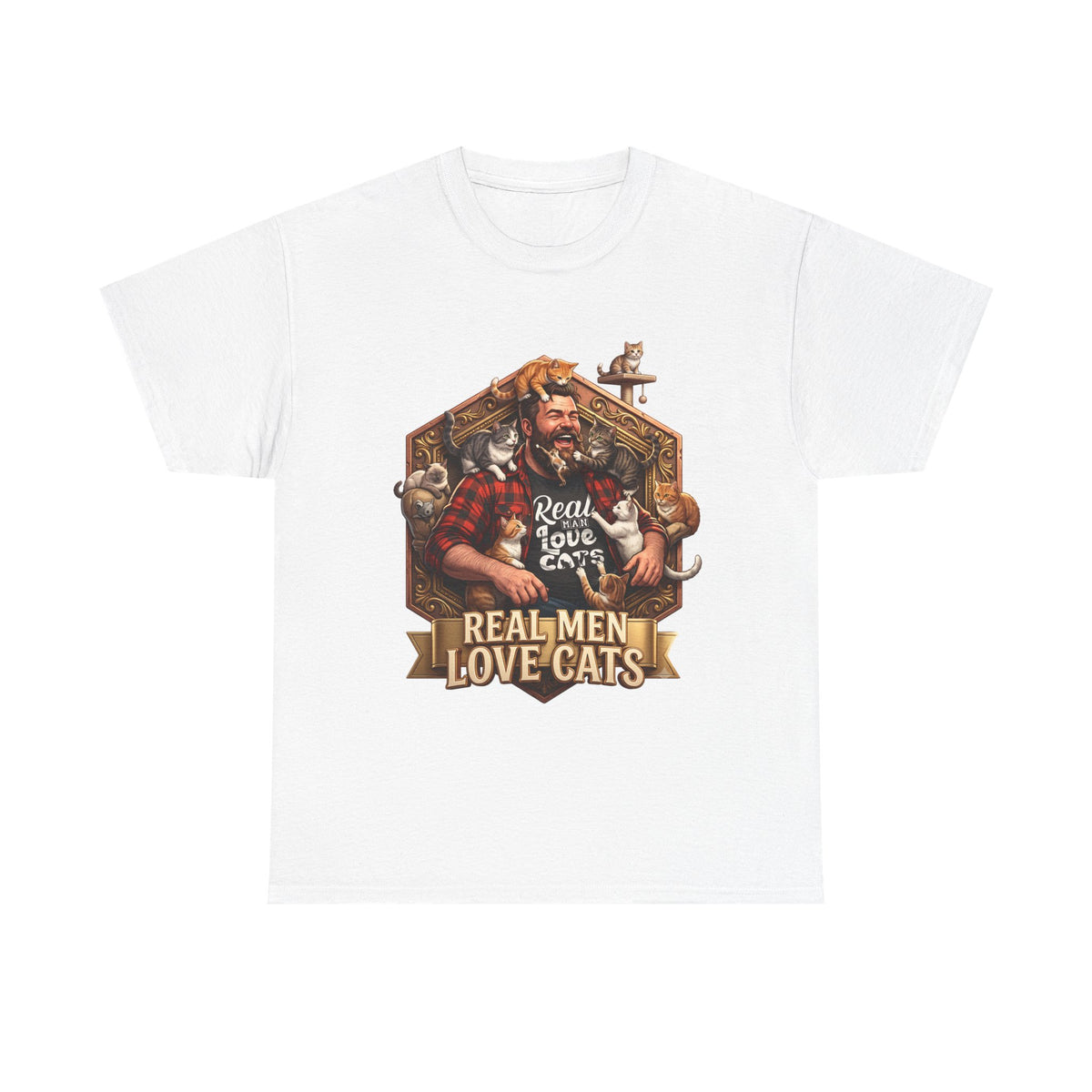 Real Men Love Cats graphic tee in white, front view with the crest printed across the chest.