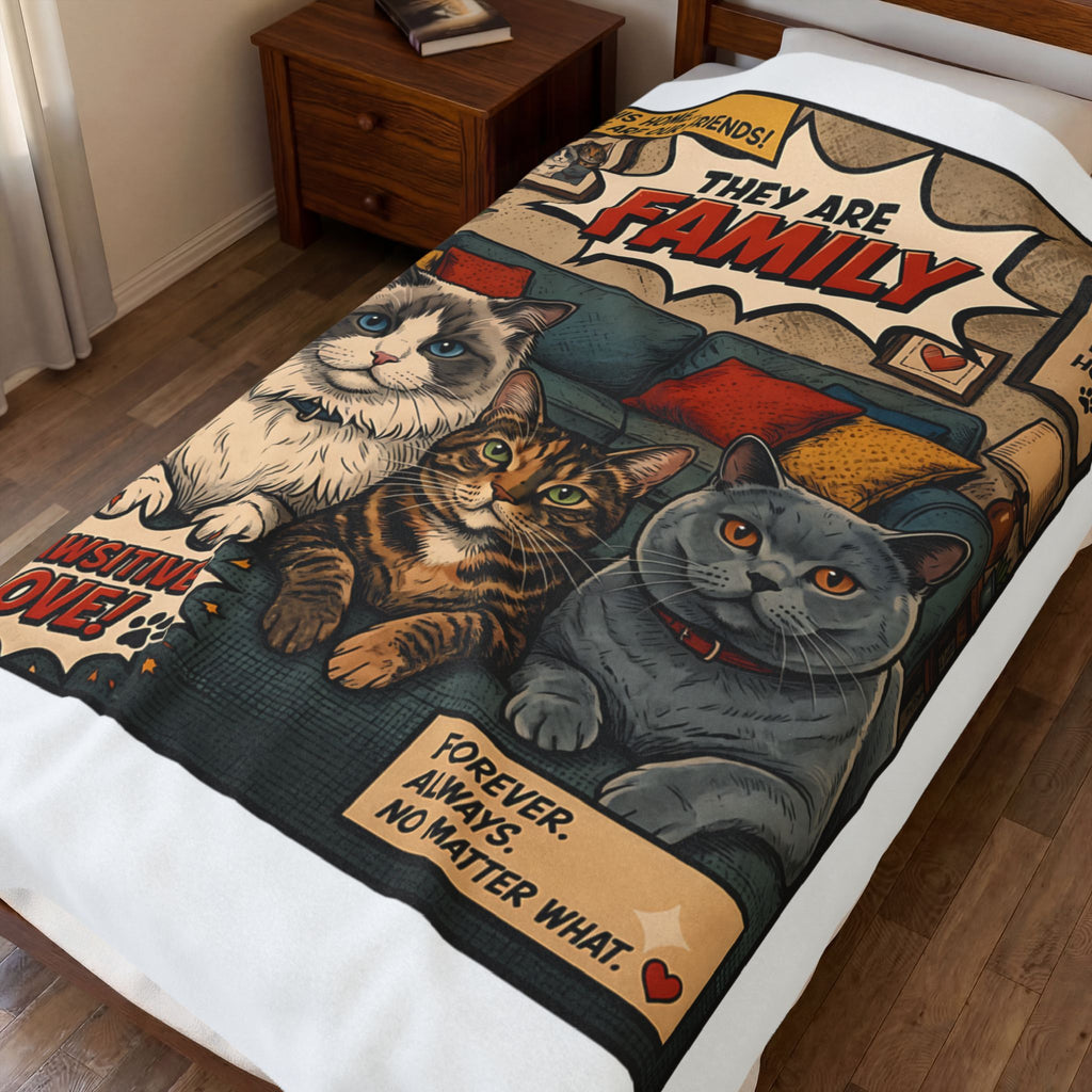 They Are Family velveteen plush throw, 60 by 80 inches, covering a made bed.