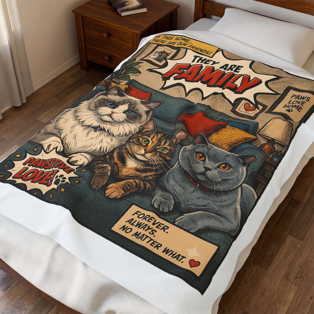 They Are Family velveteen plush throw, 50 by 60 inches, covering a made bed.