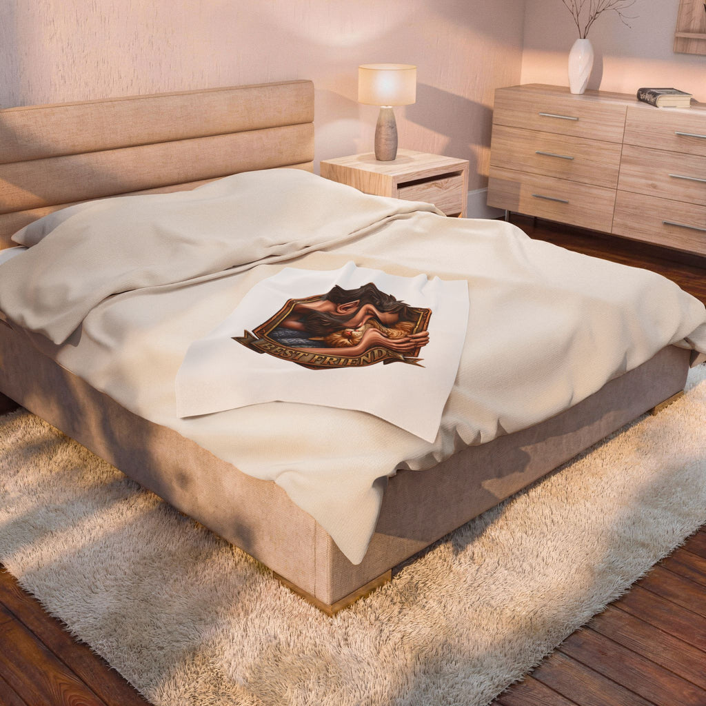 Best Friends velveteen plush throw, 30 by 40 inches, folded at the foot of a bed.