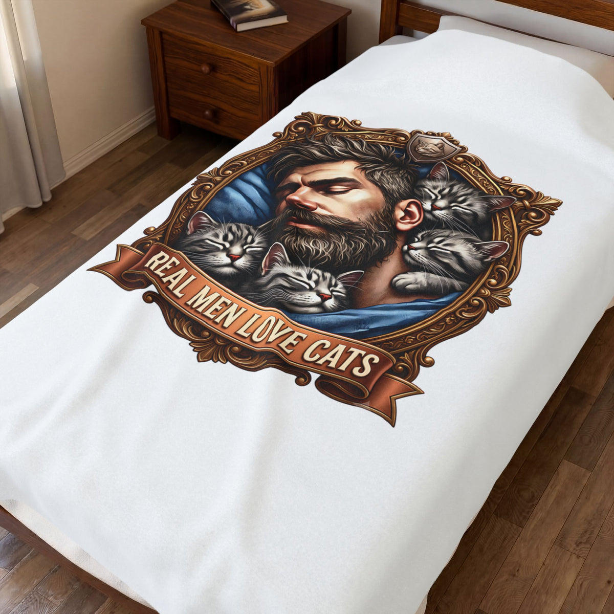 Real Men Love Cats velveteen plush throw, 60 by 80 inches, covering a made bed.