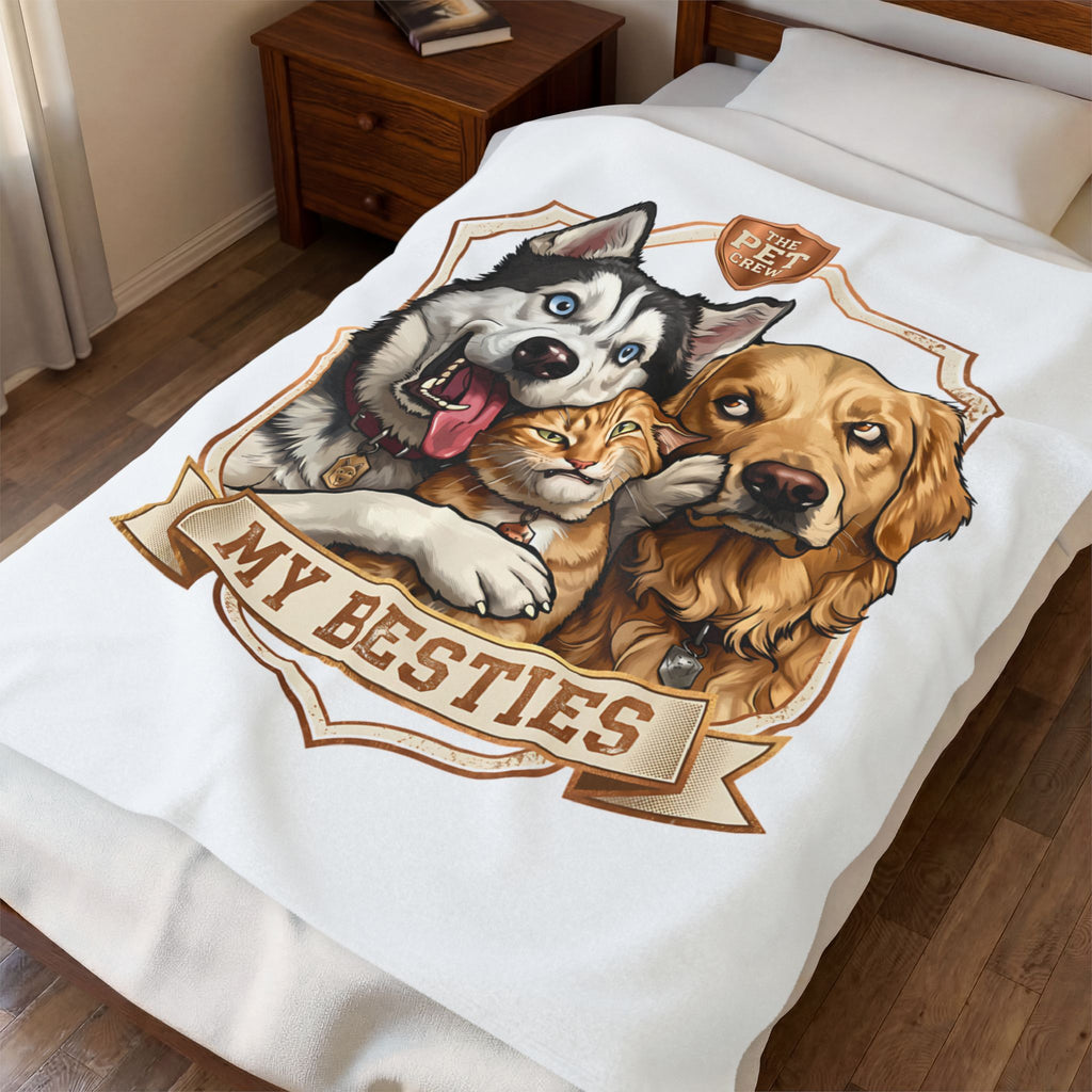 My Besties velveteen plush throw, 50 by 60 inches, draped over a made bed.
