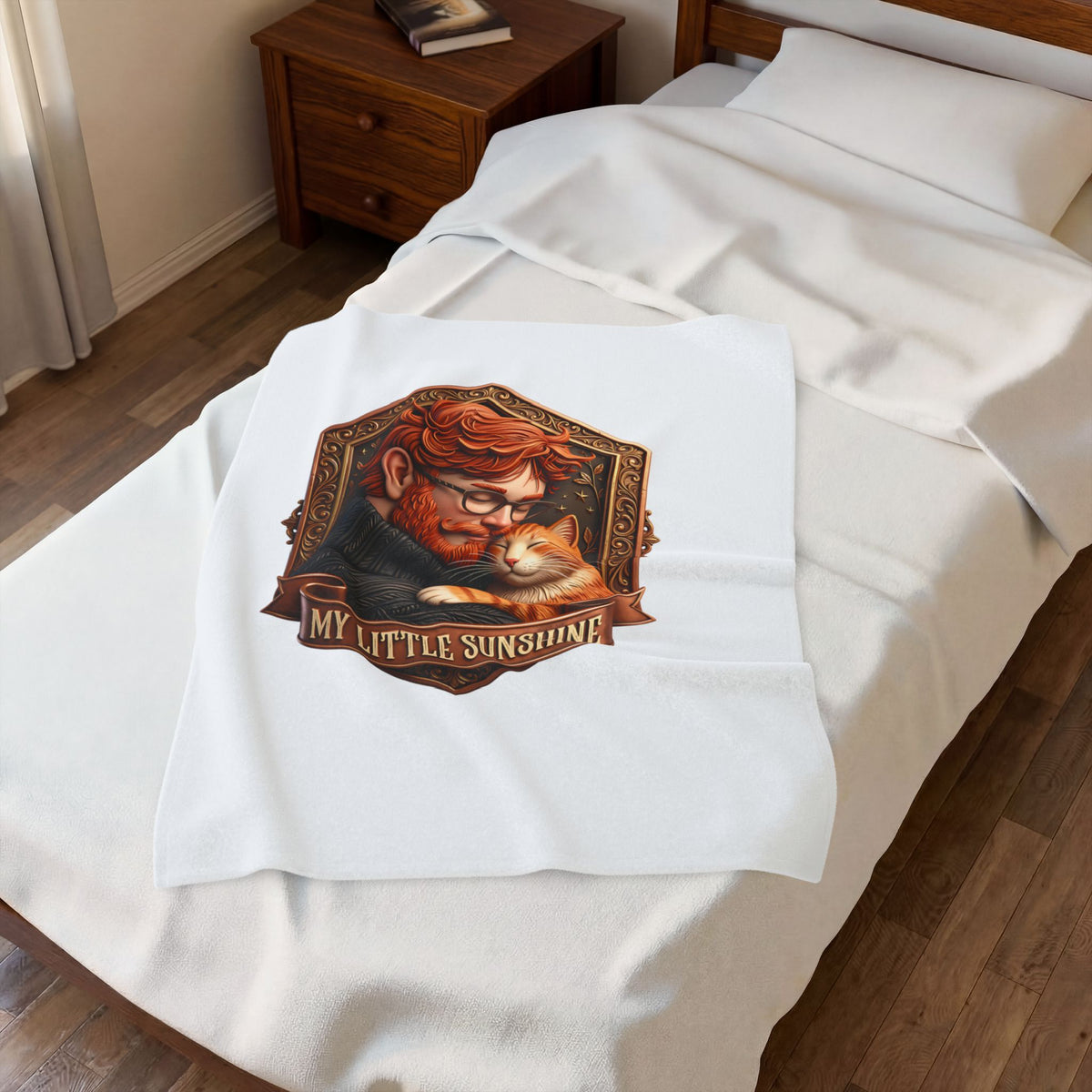 My Little Sunshine velveteen plush throw, 30 by 40 inches, folded on the corner of a bed.