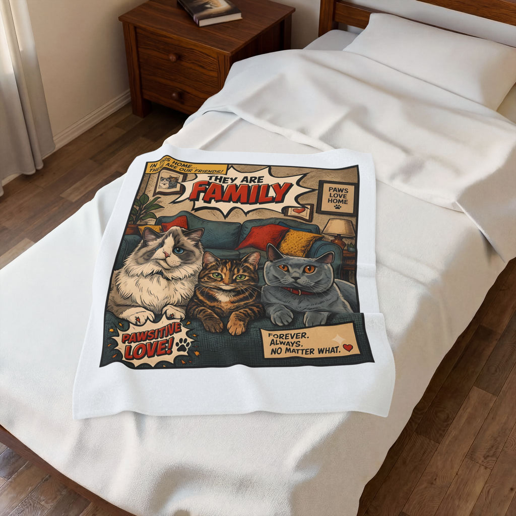 They Are Family velveteen plush throw, 30 by 40 inches, folded on a made bed.