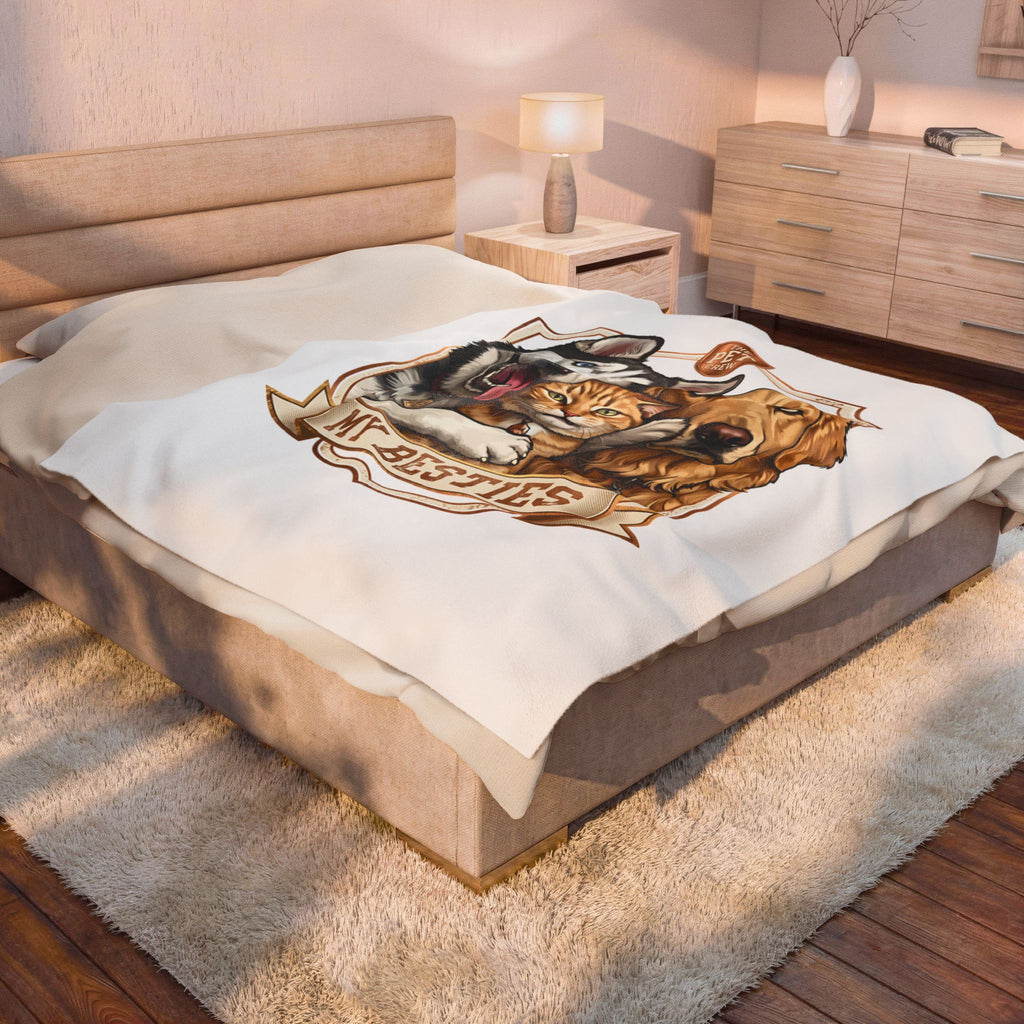 My Besties velveteen plush throw, 60 by 80 inches, spread across the foot of a bed.