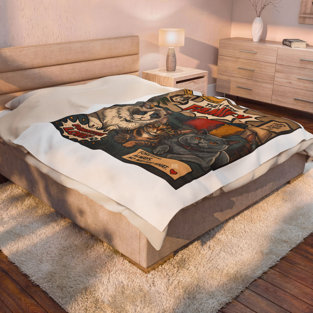 They Are Family velveteen plush throw, 60 by 80 inches, spread across a bed in a lit bedroom.