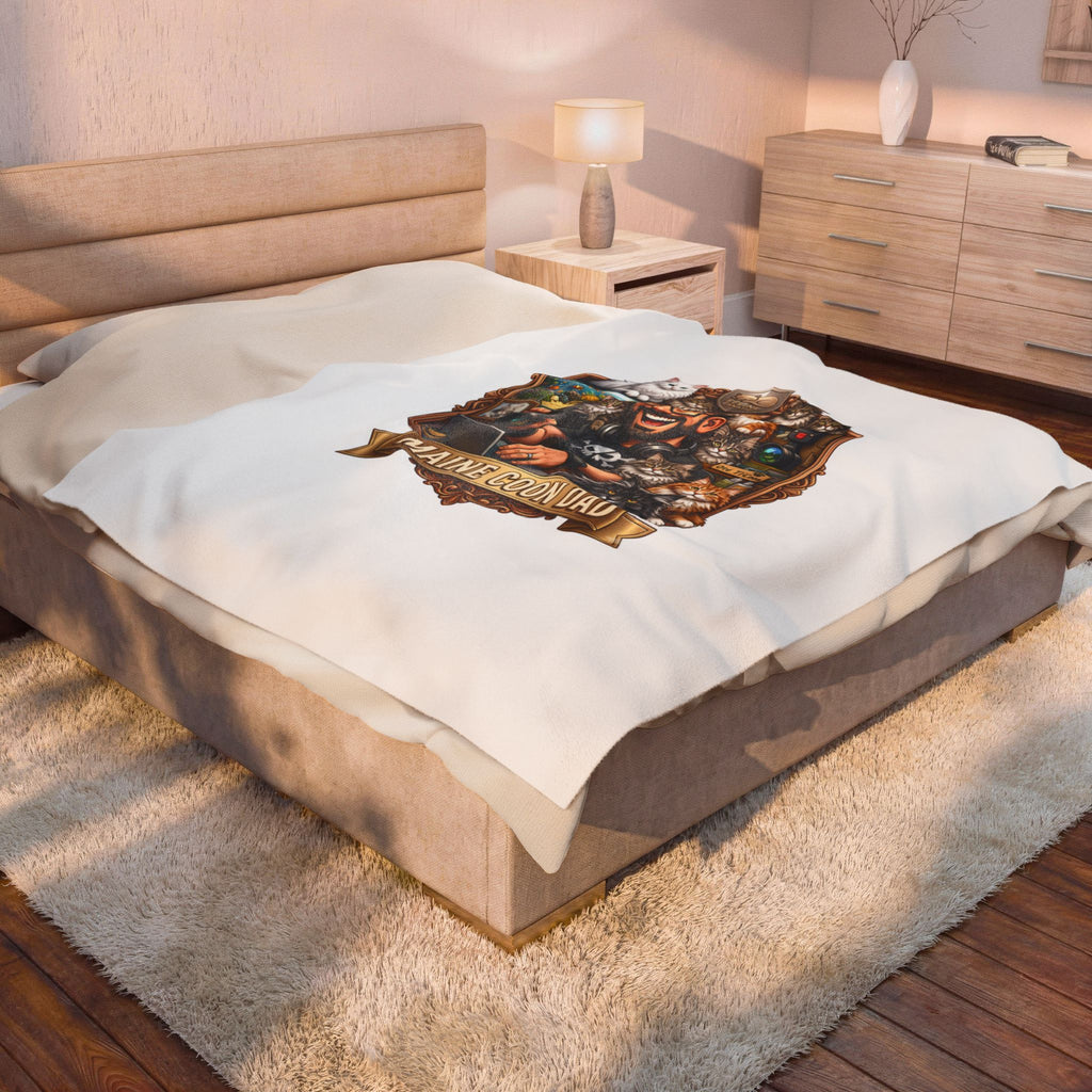 Maine Coon Dad velveteen plush throw, 60 by 80 inches, spread across the foot of a bed.