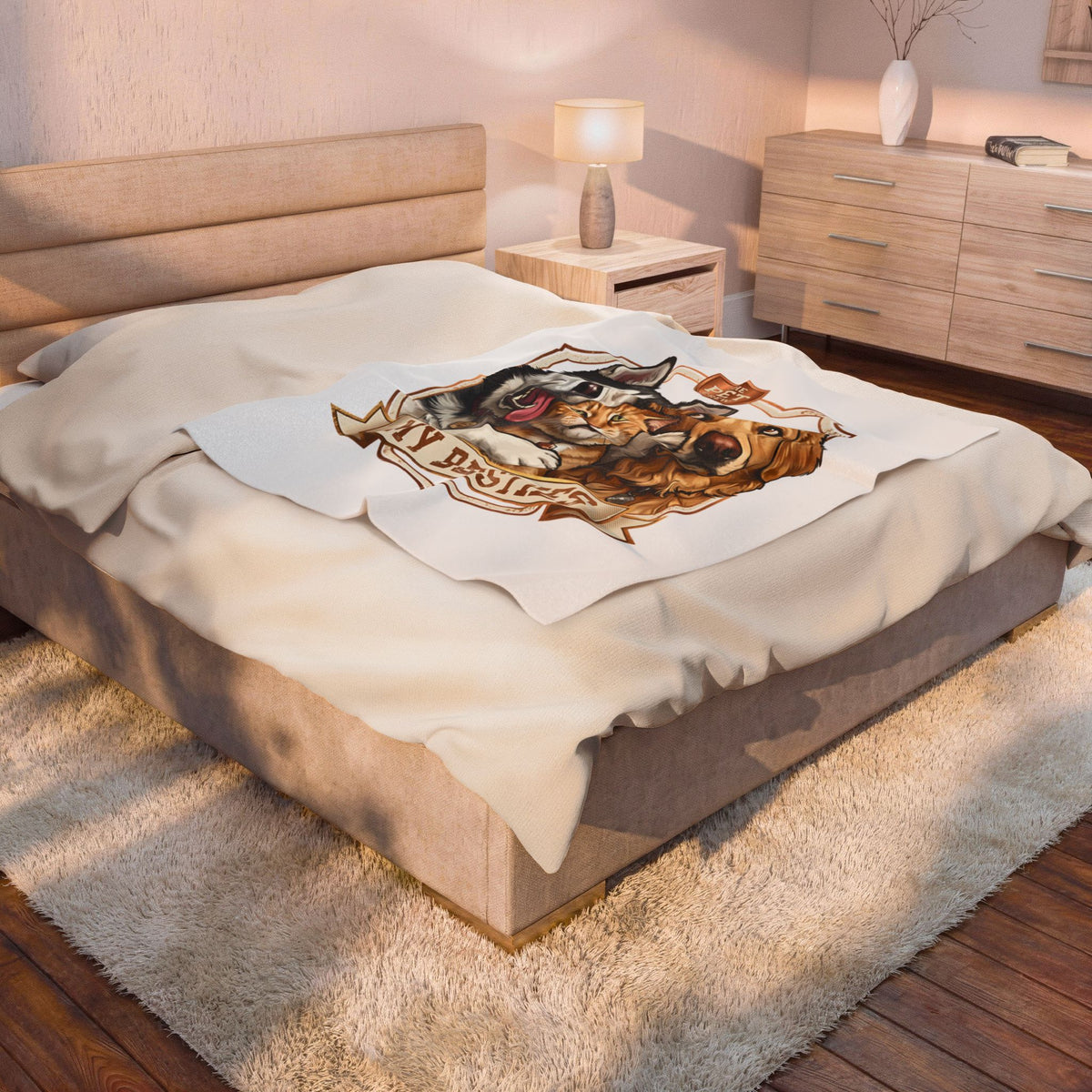 My Besties velveteen plush throw, 50 by 60 inches, spread across the foot of a bed.