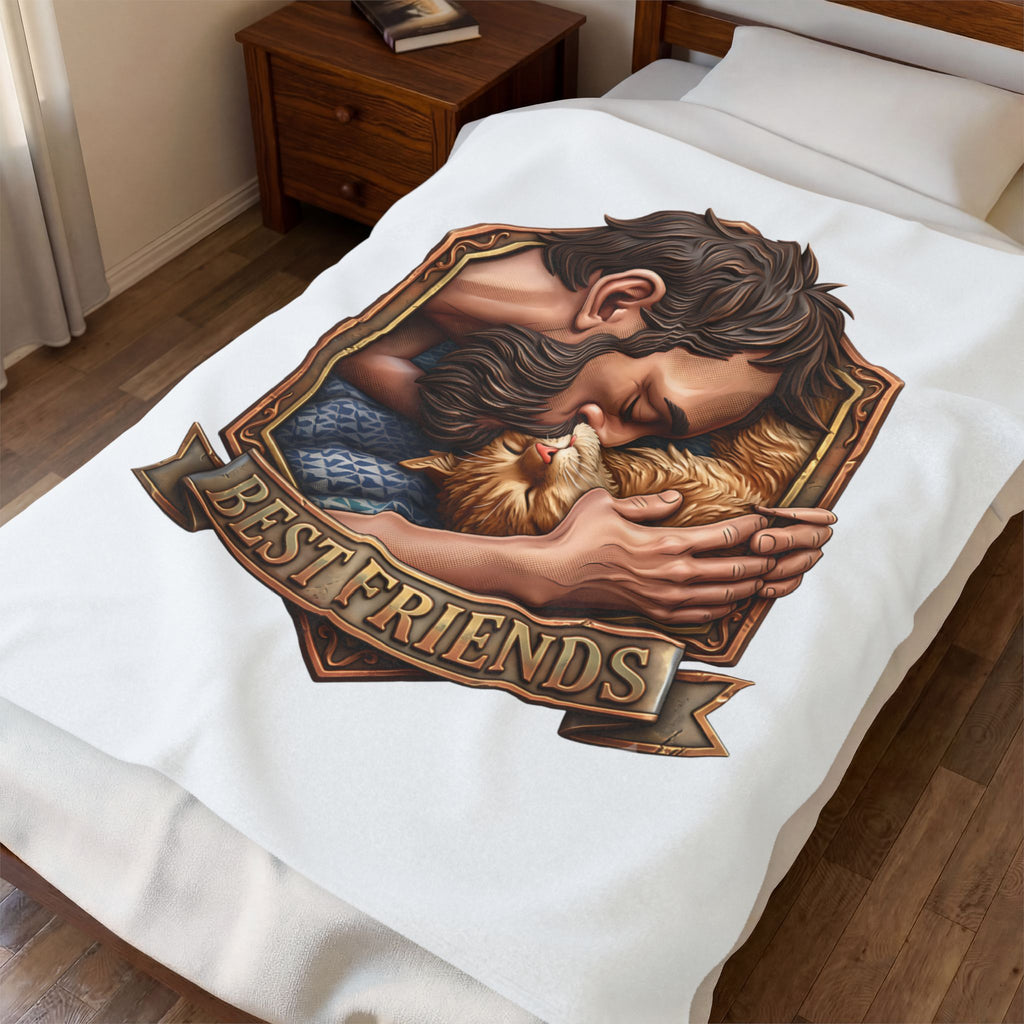 Best Friends velveteen plush throw, 50 by 60 inches, draped over a made bed.