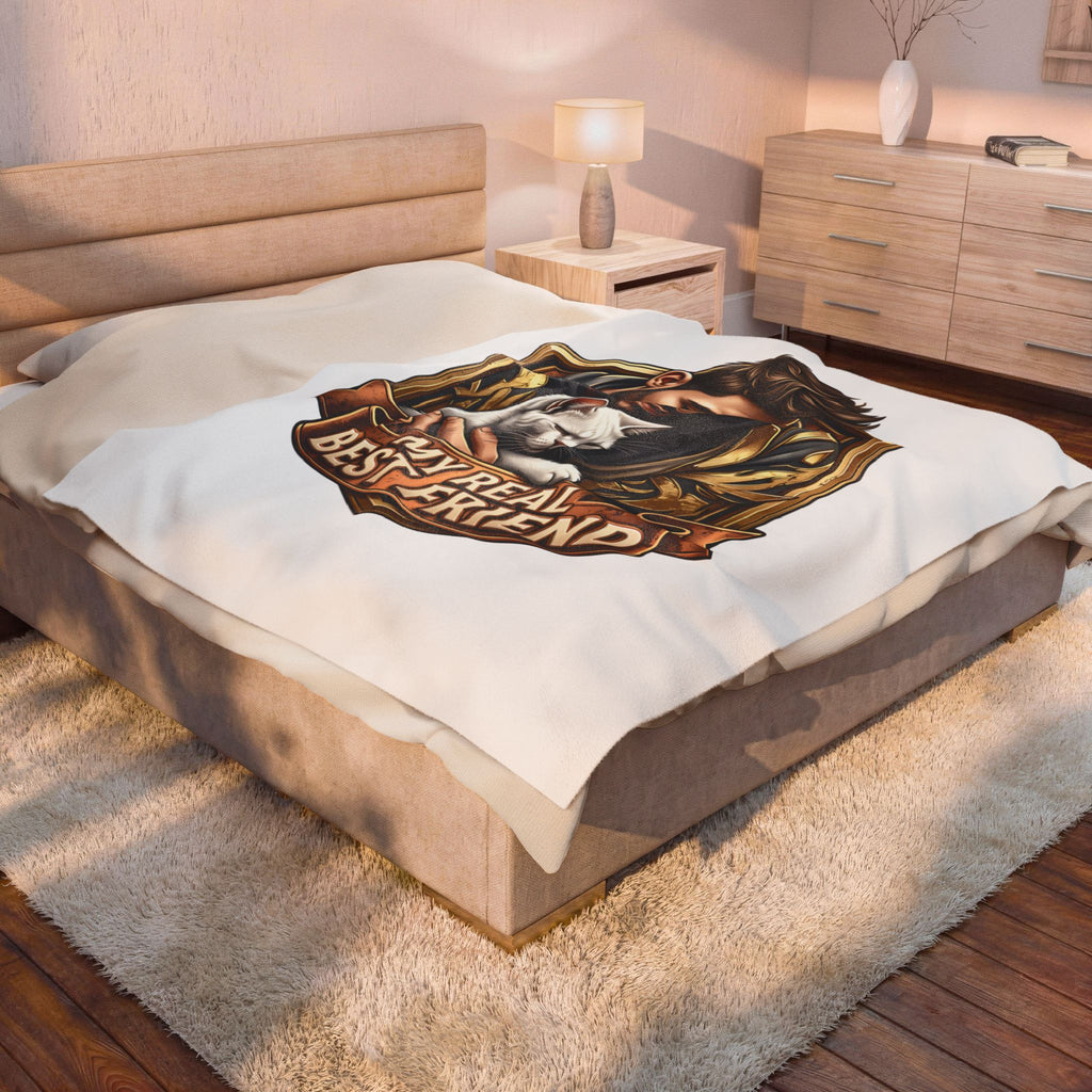 My Real Best Friend velveteen plush throw, 60 by 80 inches, spread across the foot of a bed.