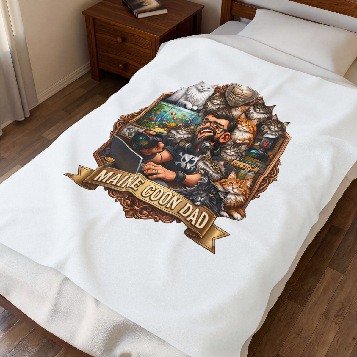 Maine Coon Dad velveteen plush throw, 50 by 60 inches, draped over a made bed.