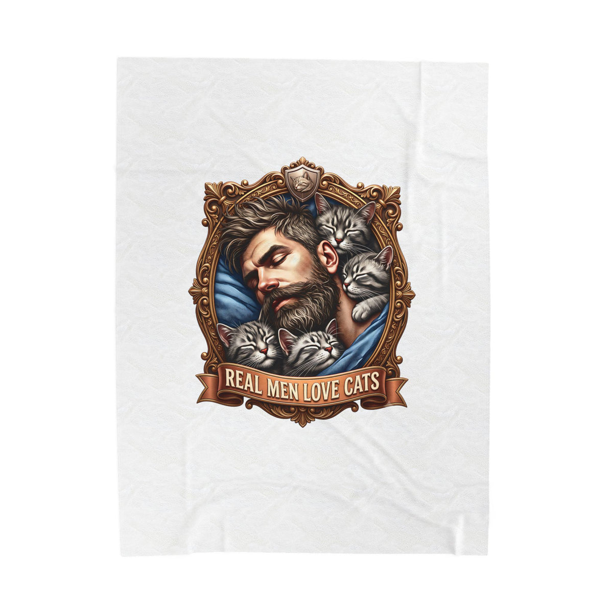 Real Men Love Cats velveteen plush throw, 60 by 80 inches, laid flat with the crest centered.