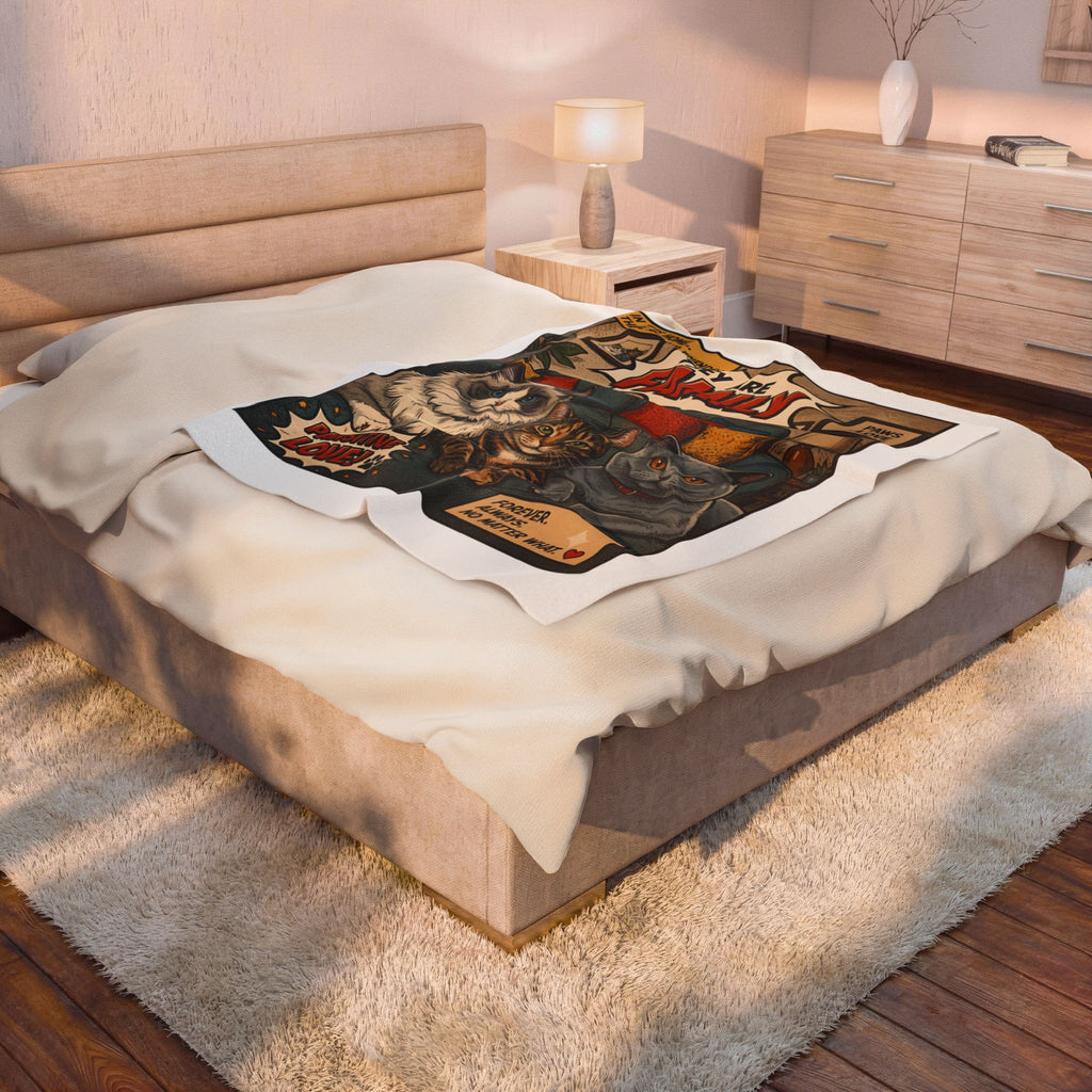 They Are Family velveteen plush throw, 50 by 60 inches, spread across a bed in a lit bedroom.