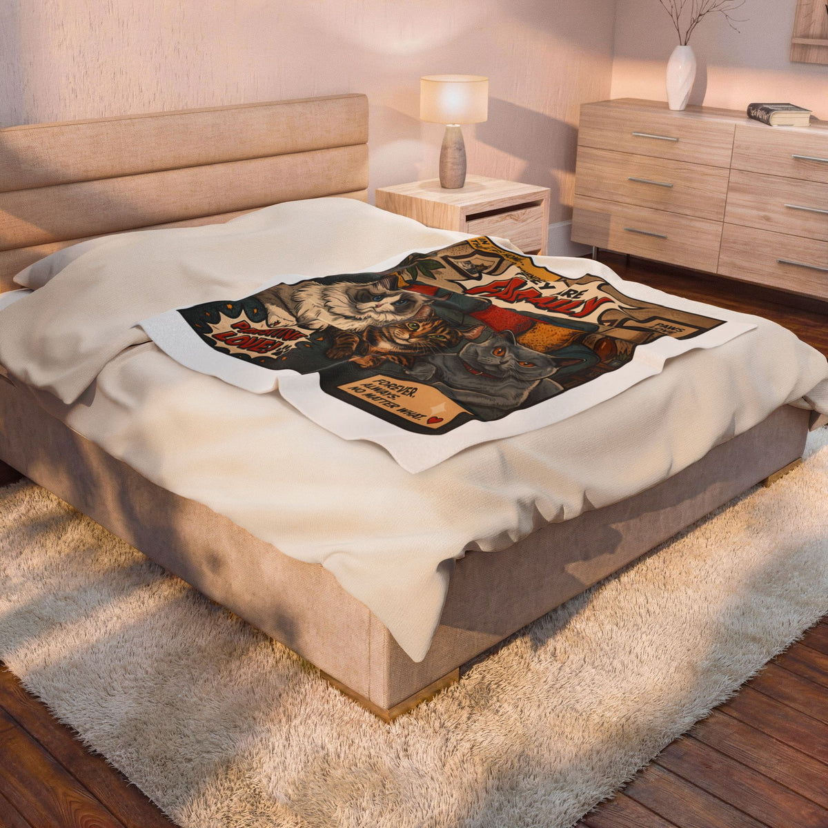 They Are Family velveteen plush throw, 50 by 60 inches, spread across a bed in a lit bedroom.