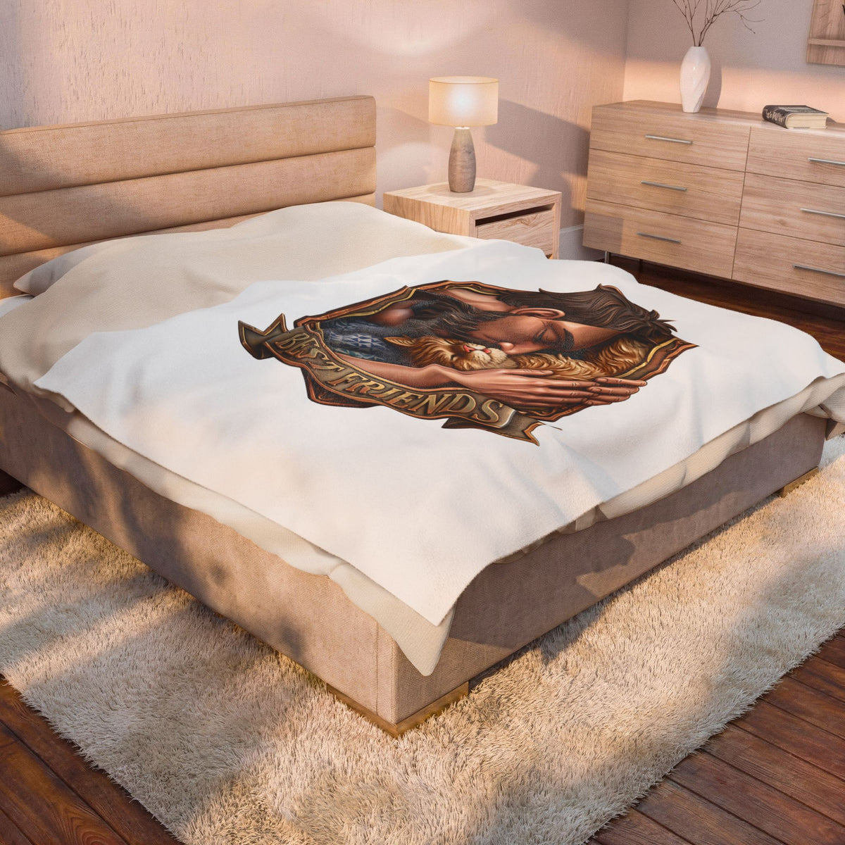 Best Friends velveteen plush throw, 60 by 80 inches, spread across the foot of a bed.