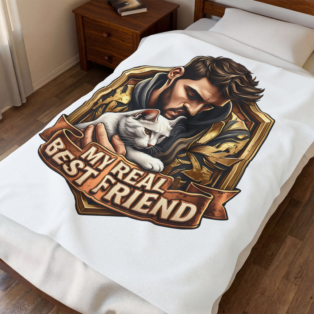 My Real Best Friend velveteen plush throw, 50 by 60 inches, draped over a made bed.