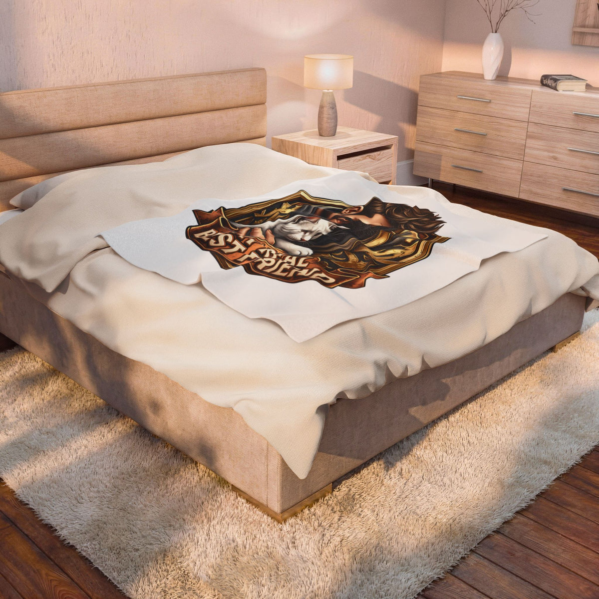 My Real Best Friend velveteen plush throw, 50 by 60 inches, spread across the foot of a bed.