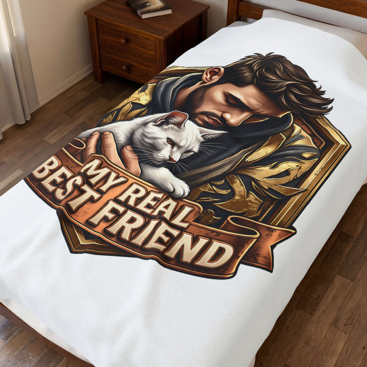 My Real Best Friend velveteen plush throw, 60 by 80 inches, covering a made bed.
