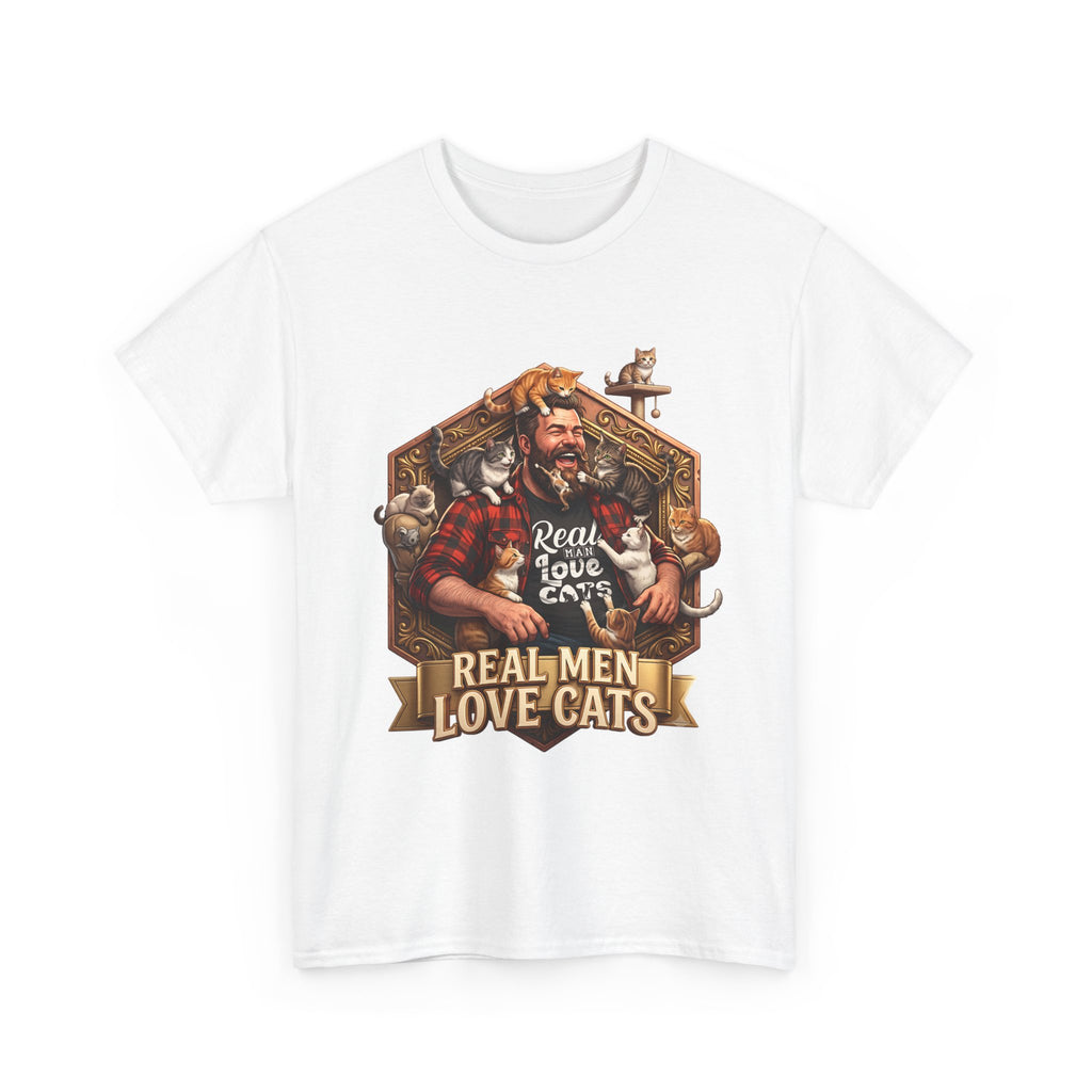 Real Men Love Cats graphic tee in white, front view with the print shown larger on the chest.