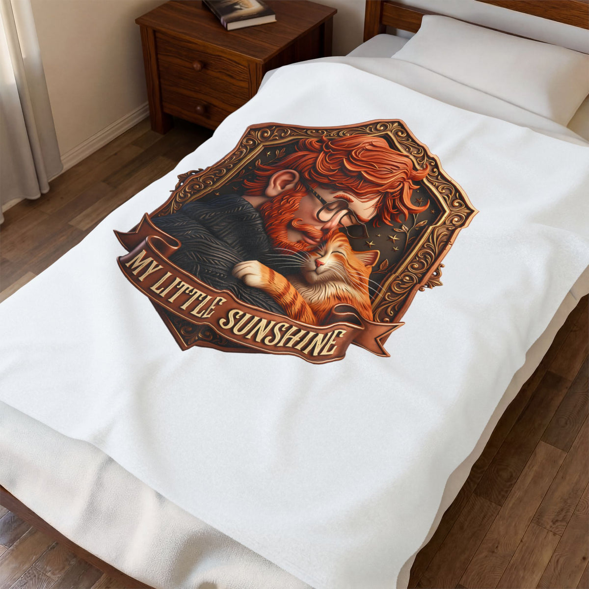 My Little Sunshine velveteen plush throw, 50 by 60 inches, draped over a made bed.