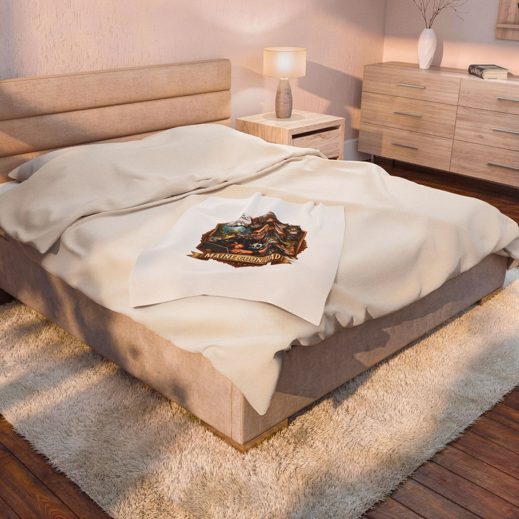 Maine Coon Dad velveteen plush throw, 30 by 40 inches, folded at the foot of a bed.