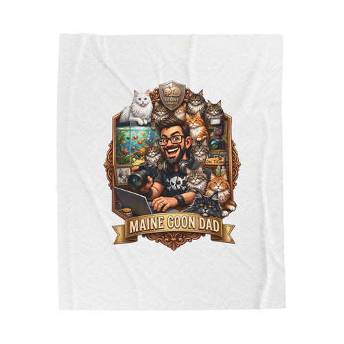 Maine Coon Dad velveteen plush throw, 50 by 60 inches, laid flat with the crest centered.