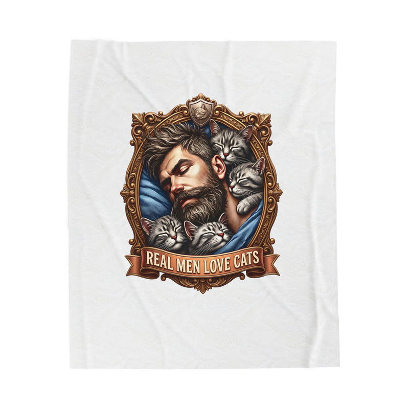 Real Men Love Cats velveteen plush throw, 50 by 60 inches, laid flat with the crest centered.