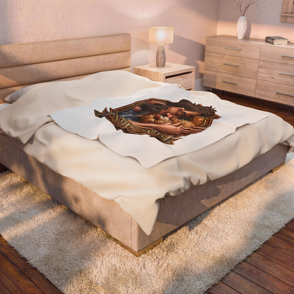 Best Friends velveteen plush throw, 50 by 60 inches, spread across the foot of a bed.