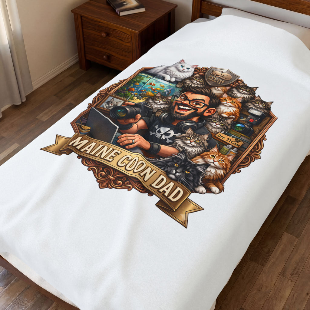 Maine Coon Dad velveteen plush throw, 60 by 80 inches, covering a made bed.