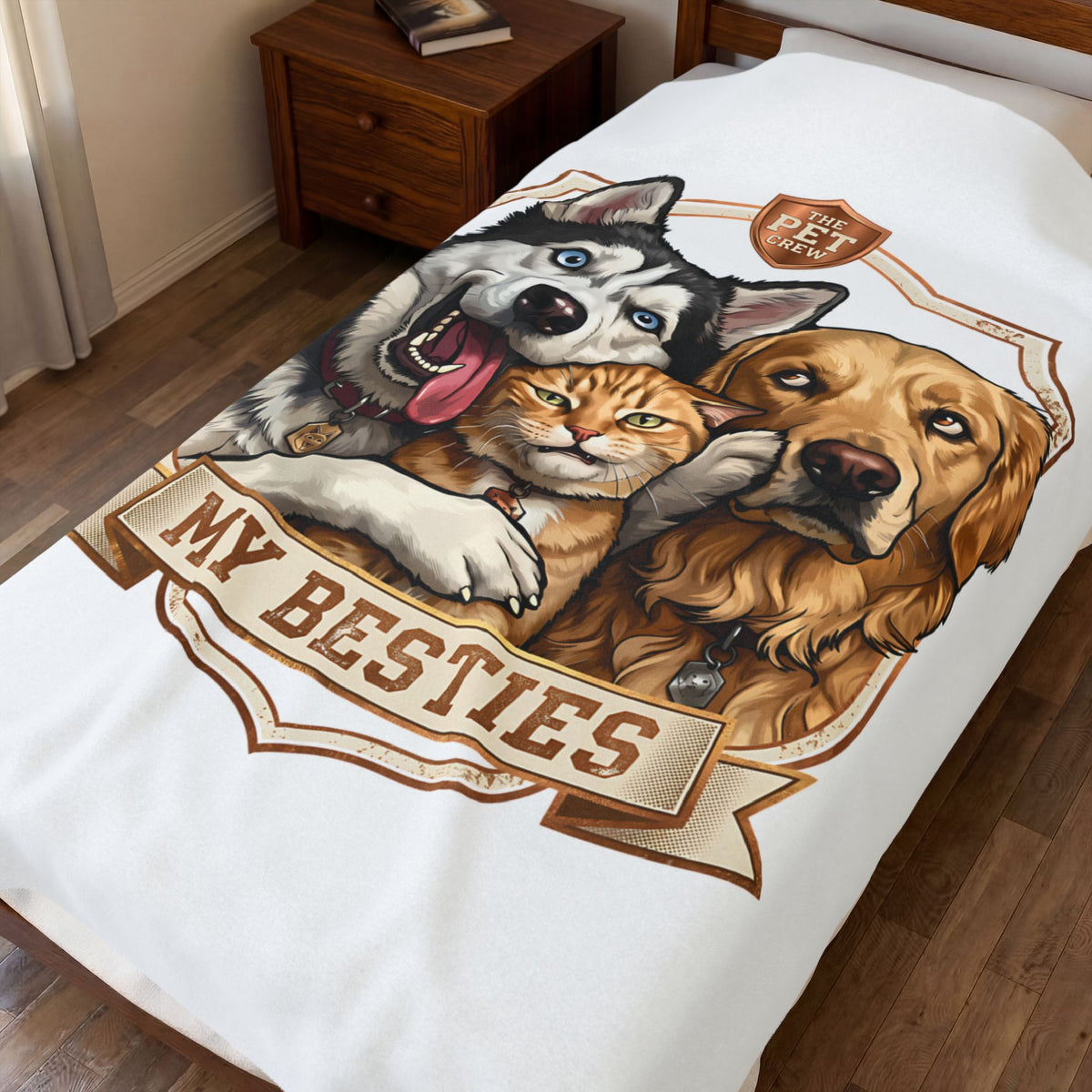 My Besties velveteen plush throw, 60 by 80 inches, covering a made bed.