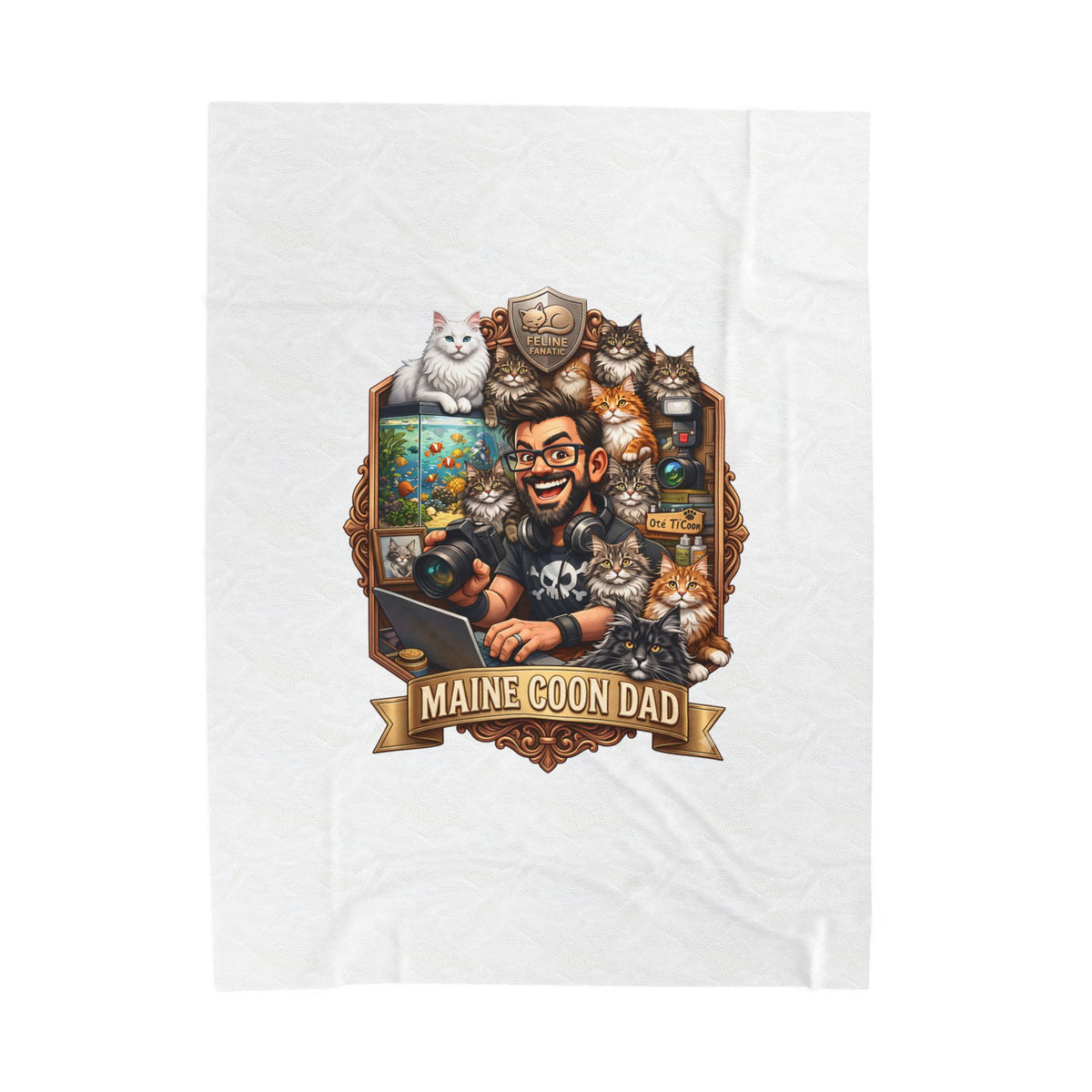 Maine Coon Dad velveteen plush throw, 60 by 80 inches, laid flat with the crest centered.