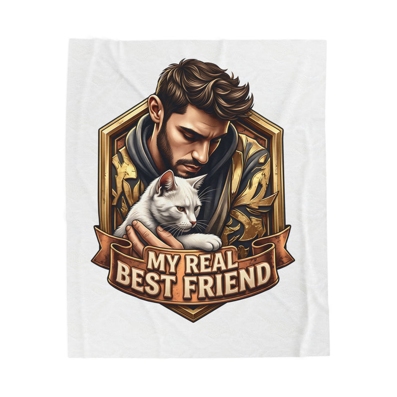My Real Best Friend velveteen plush throw, 50 by 60 inches, laid flat with the crest centered.
