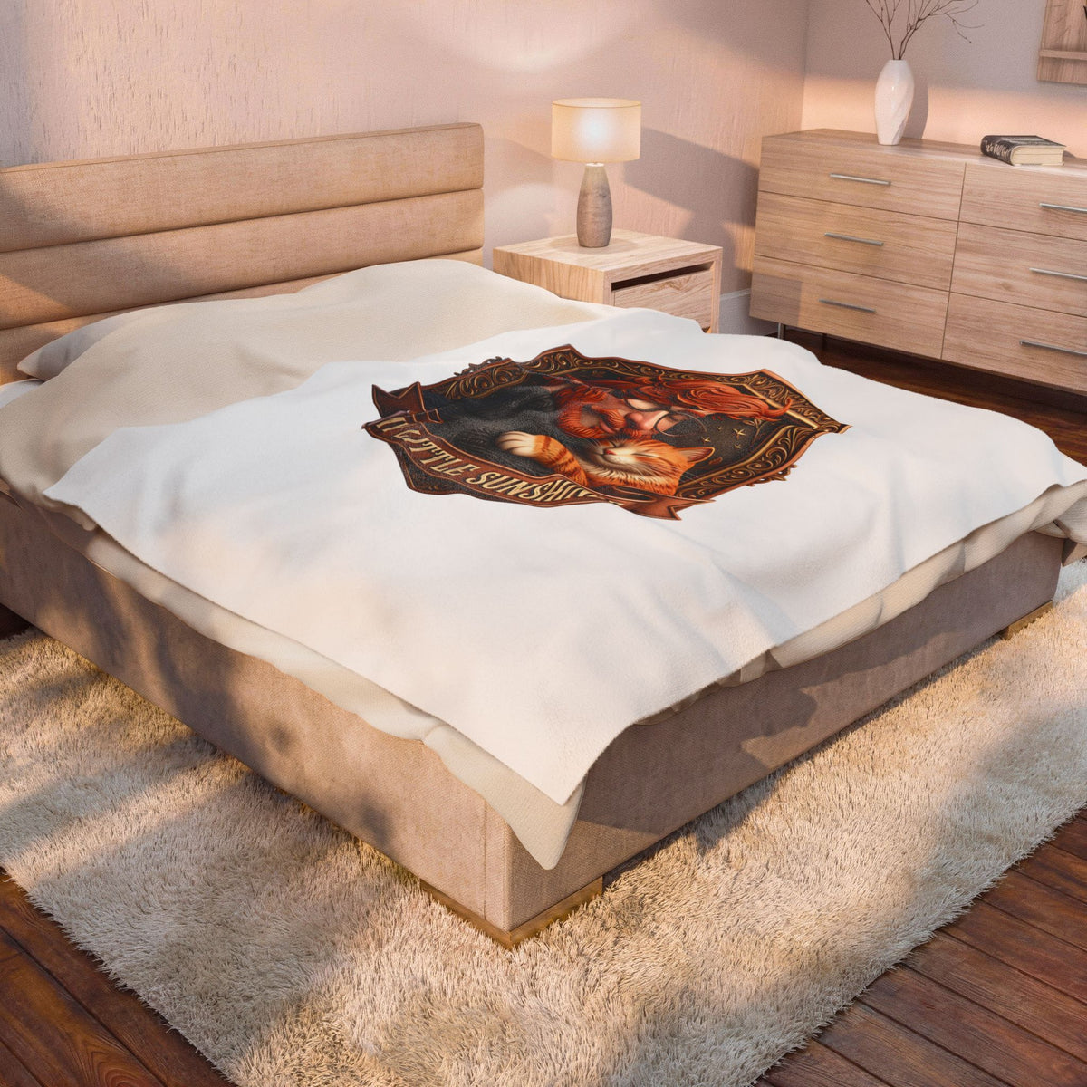 My Little Sunshine velveteen plush throw, 60 by 80 inches, spread across the foot of a bed.