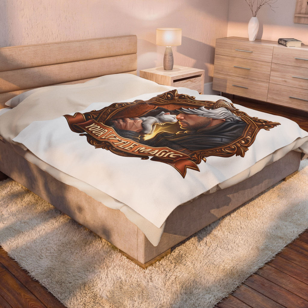 Your Little Magic velveteen plush throw, 60 by 80 inches, spread across the foot of a bed.