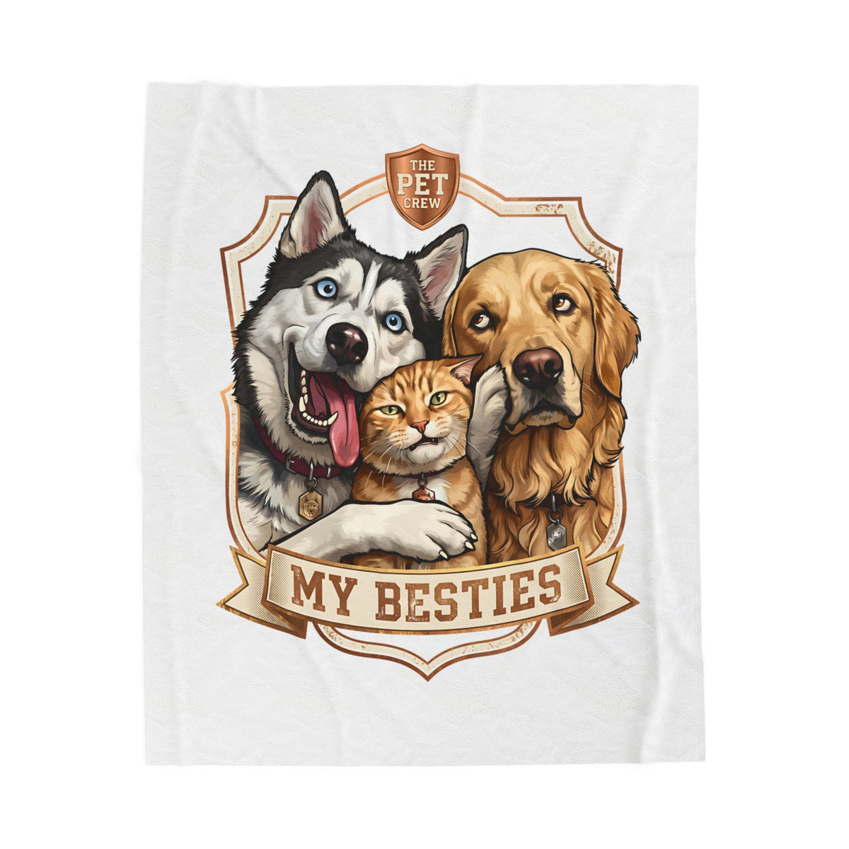 My Besties velveteen plush throw, 50 by 60 inches, laid flat with the crest centered.