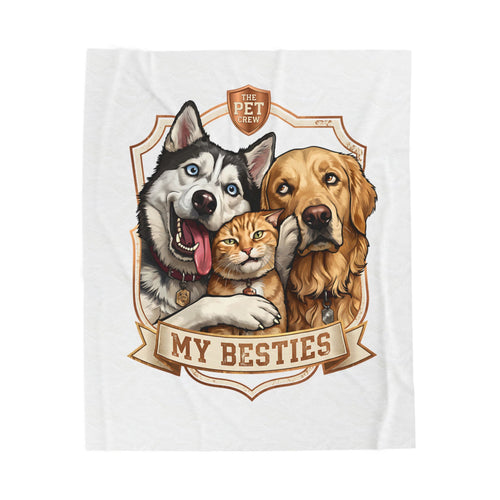 My Besties velveteen plush throw, 50 by 60 inches, laid flat with the crest centered.