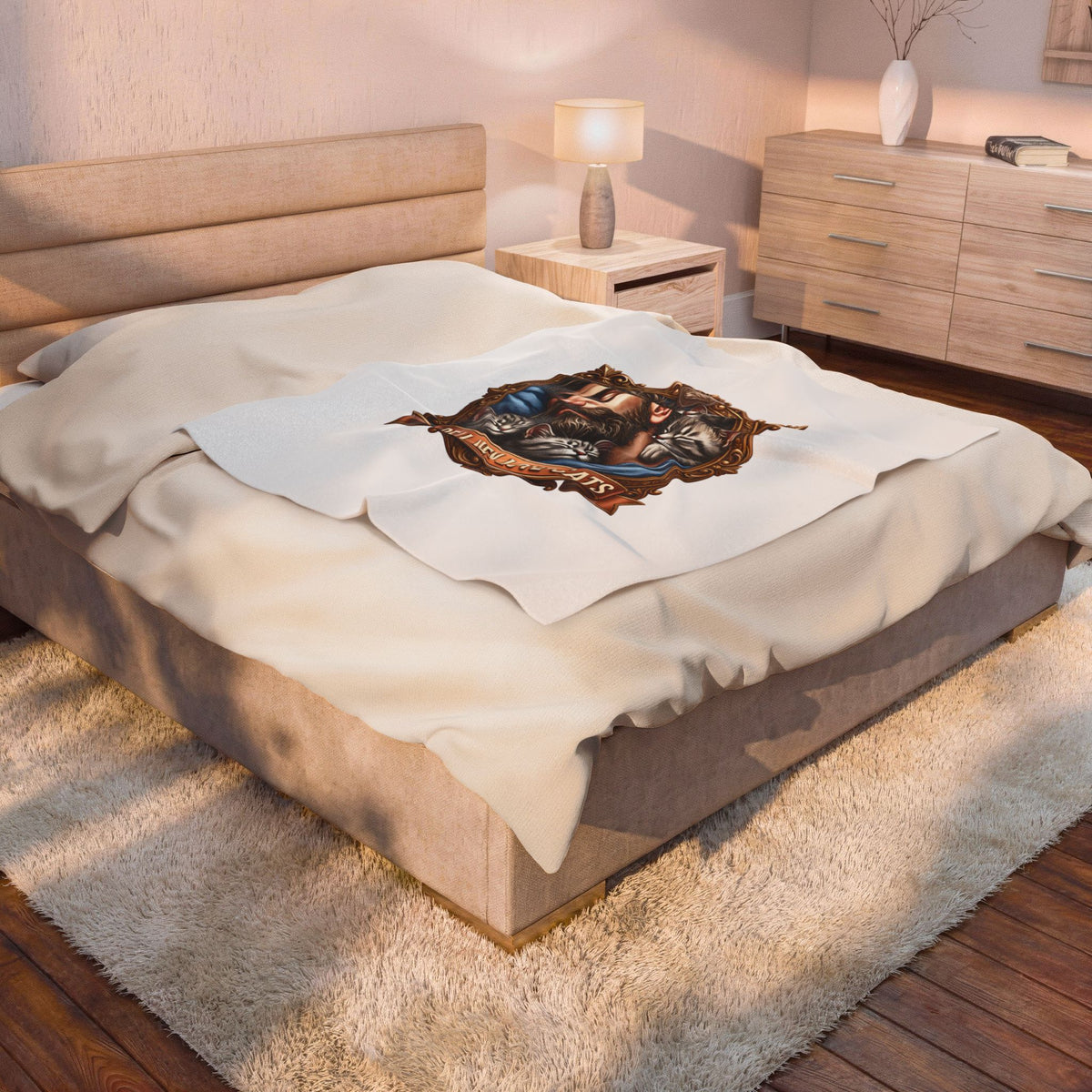 Real Men Love Cats velveteen plush throw, 50 by 60 inches, spread across the foot of a bed.