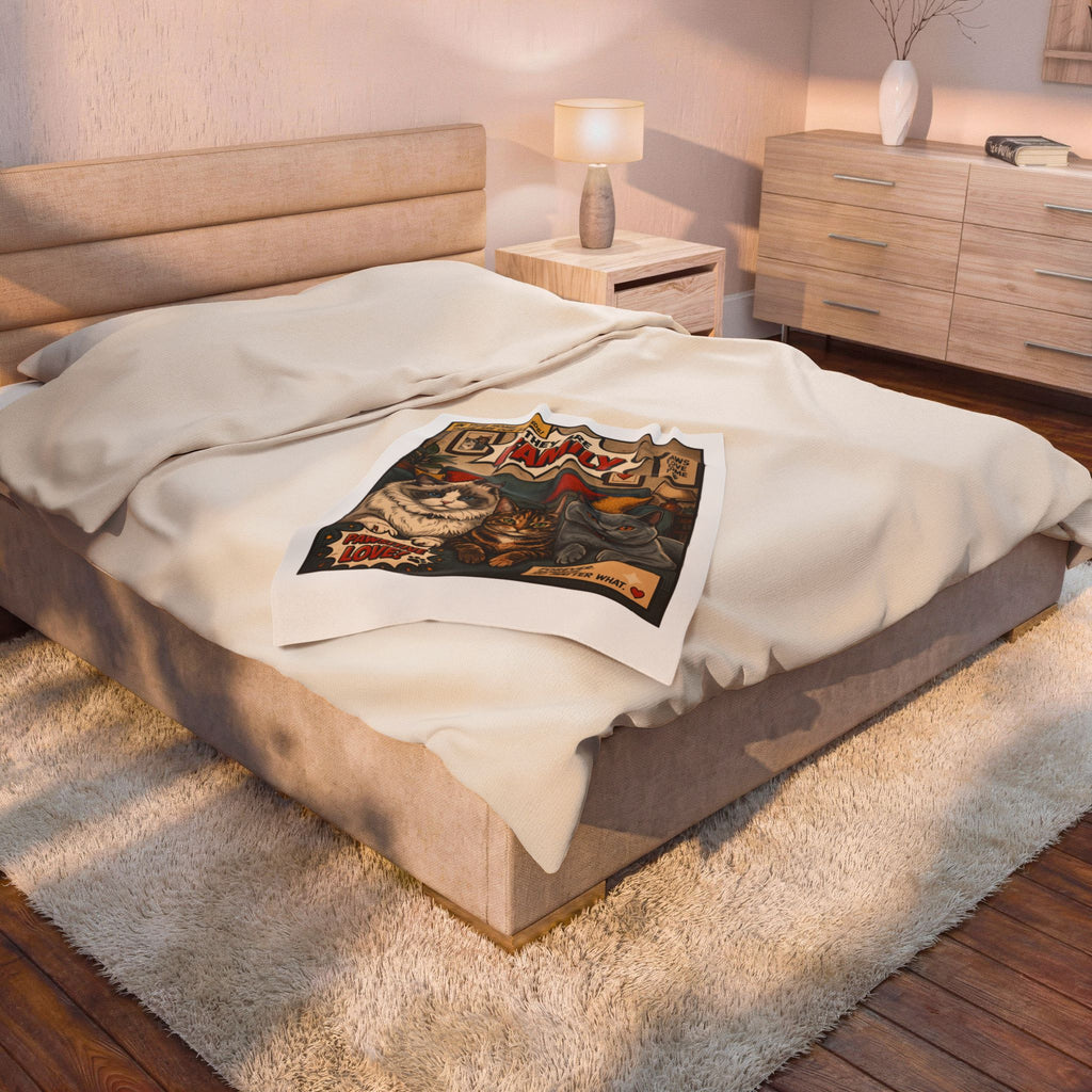 They Are Family velveteen plush throw, 30 by 40 inches, folded on a bed in a lit bedroom.